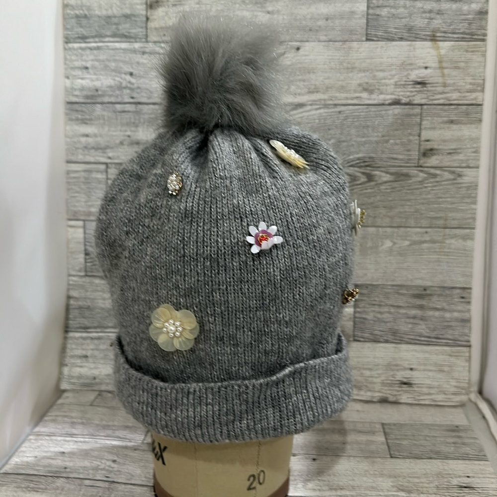 A new day gray embellished knitted winter beanie hat